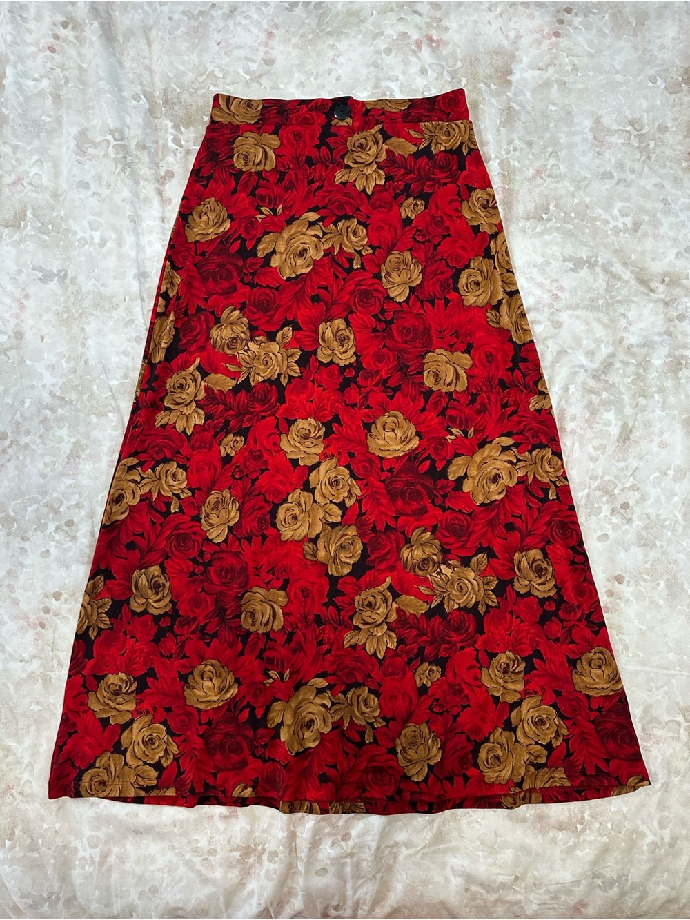 Susan Lawrence Red and Gold Floral A-Line Maxi Skirt